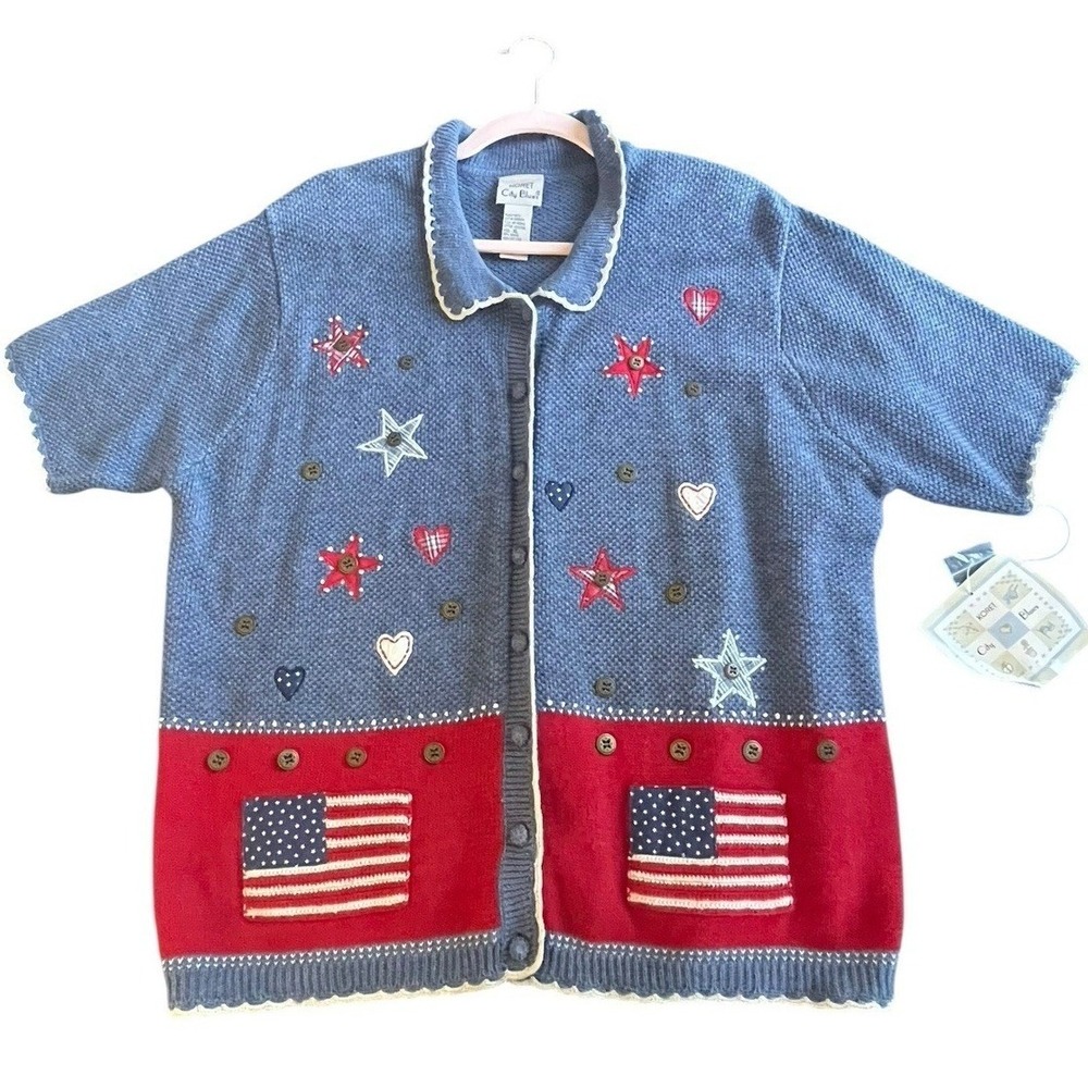 Koret City Blues Americana Cardigan Sweater XL Blue Red Stars Flag Short Sleeve